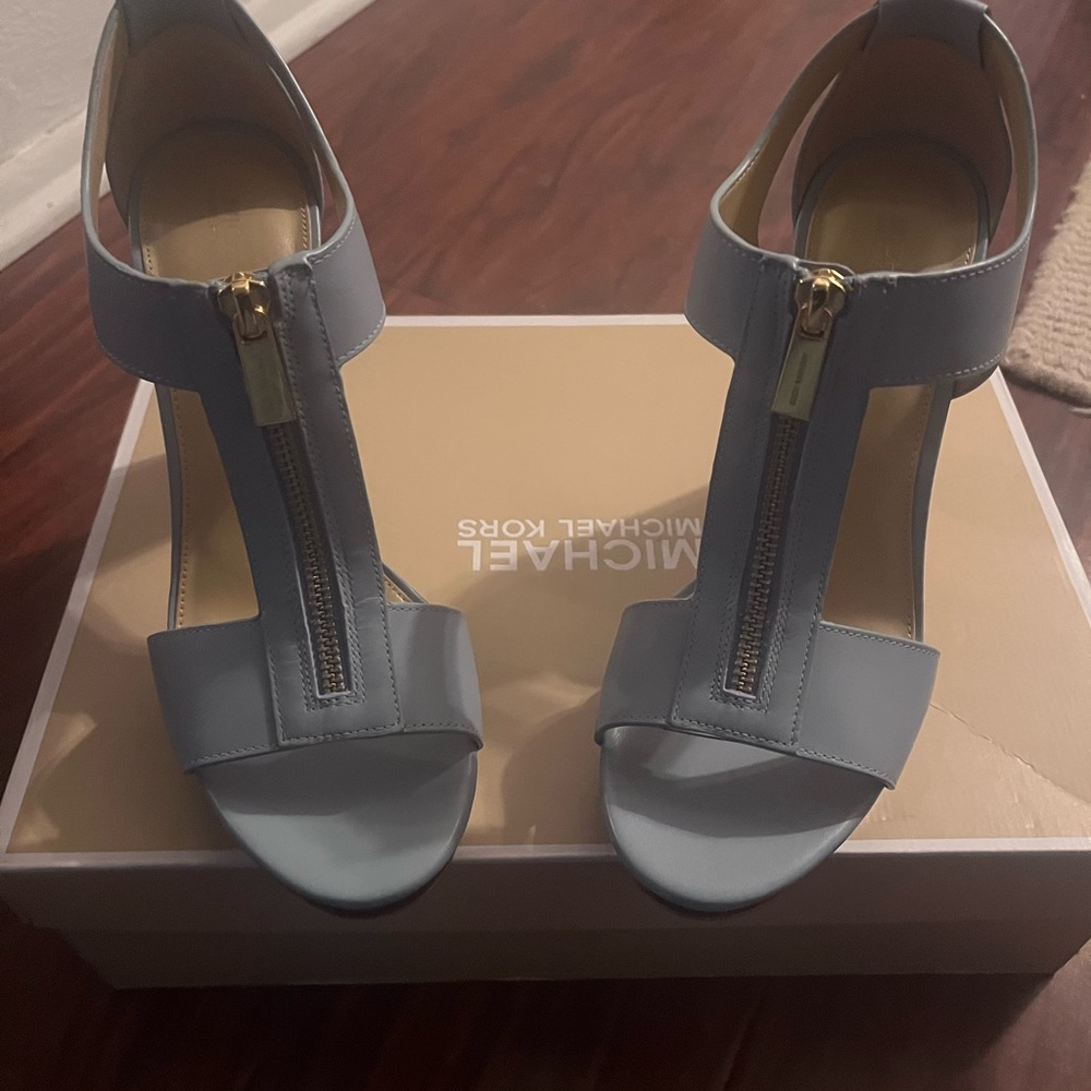 Michael Kors Baby Blue Leather Berkeley T-Strap.